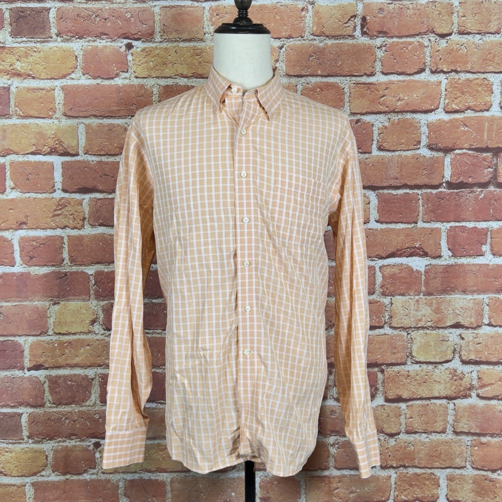 Tommy Bahama Mens Orange Plaid Button Down Long Sleeve Dress Shirt 17.5 36/37 XL
